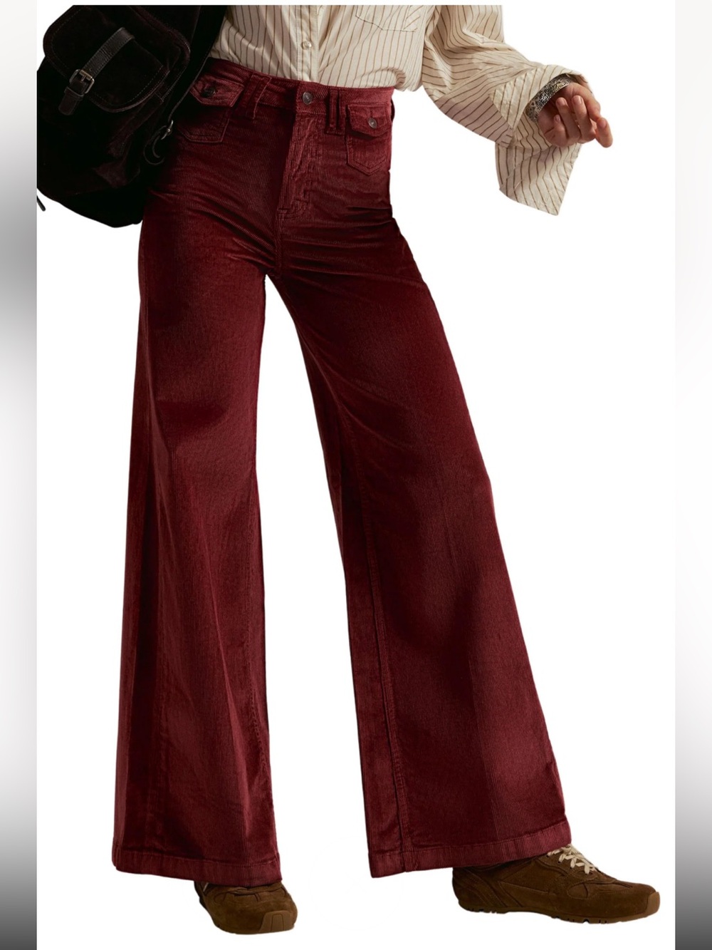 Free People High-Rise Palazzo Corduroy Pants - Burgundy